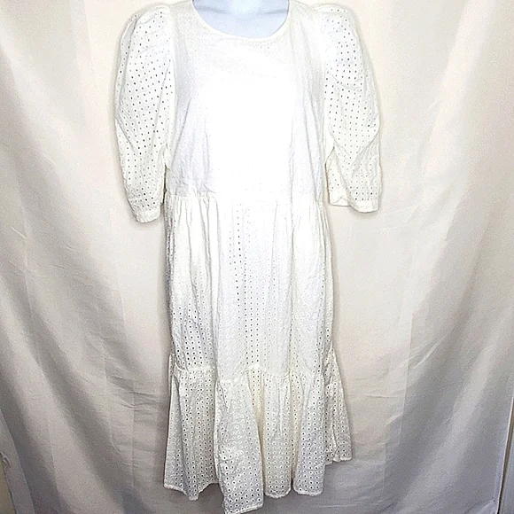 A New Day White Eyelet Puff Sleeve Midi Dress Cotton Ruffles Tiered Size XXL - Picture 13 of 15